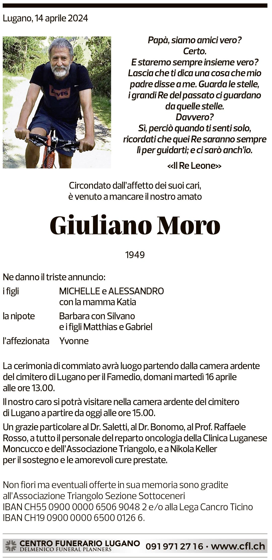 Annuncio funebre Giuliano Moro