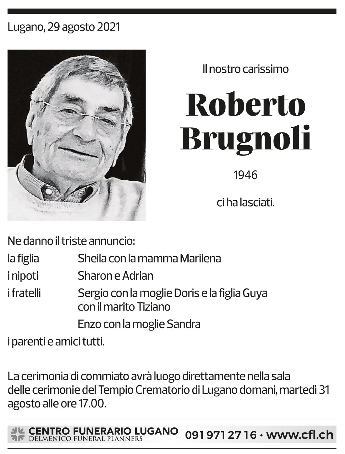 Annuncio funebre Roberto Brugnoli