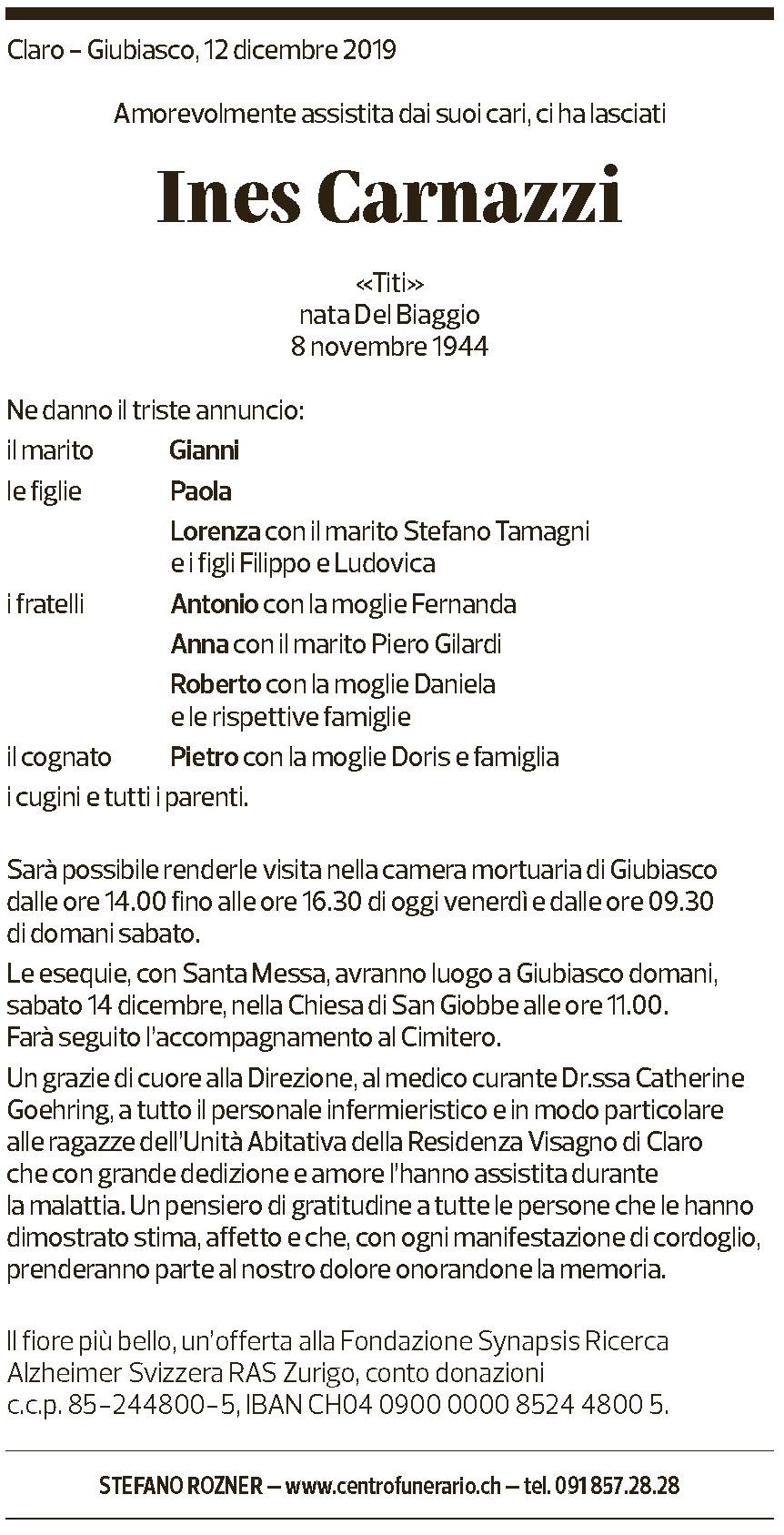 Annuncio funebre Ines Carnazzi