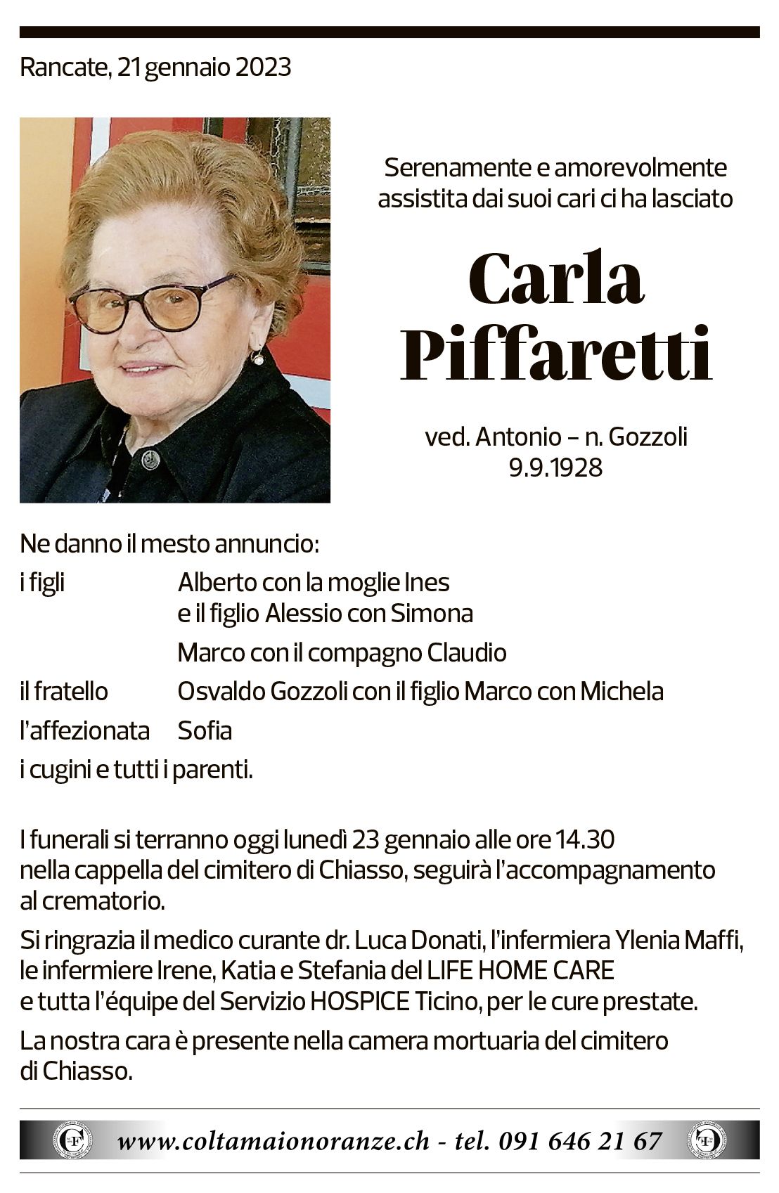 Annuncio funebre Cerla Piffaretti