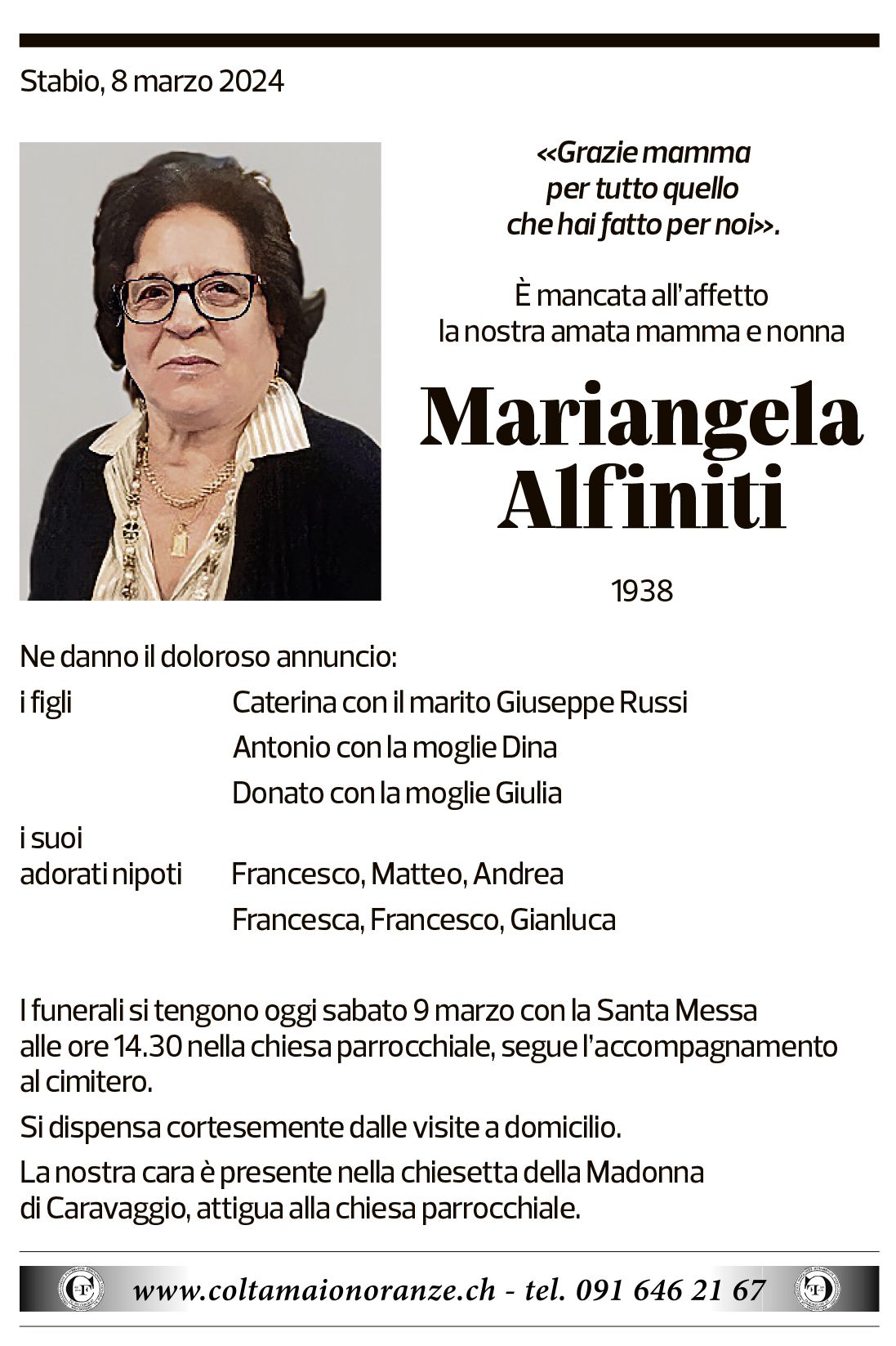 Annuncio funebre Mariangela Alfiniti