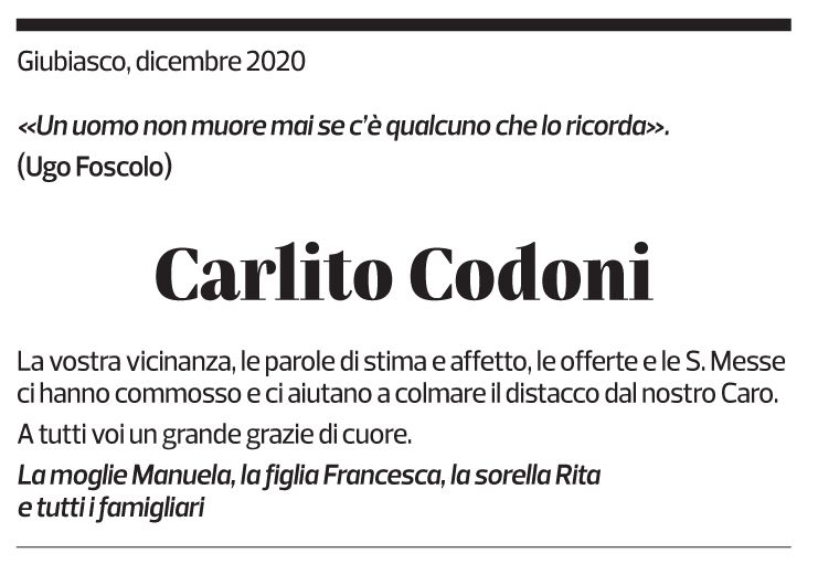 Annuncio funebre Carlito Codoni