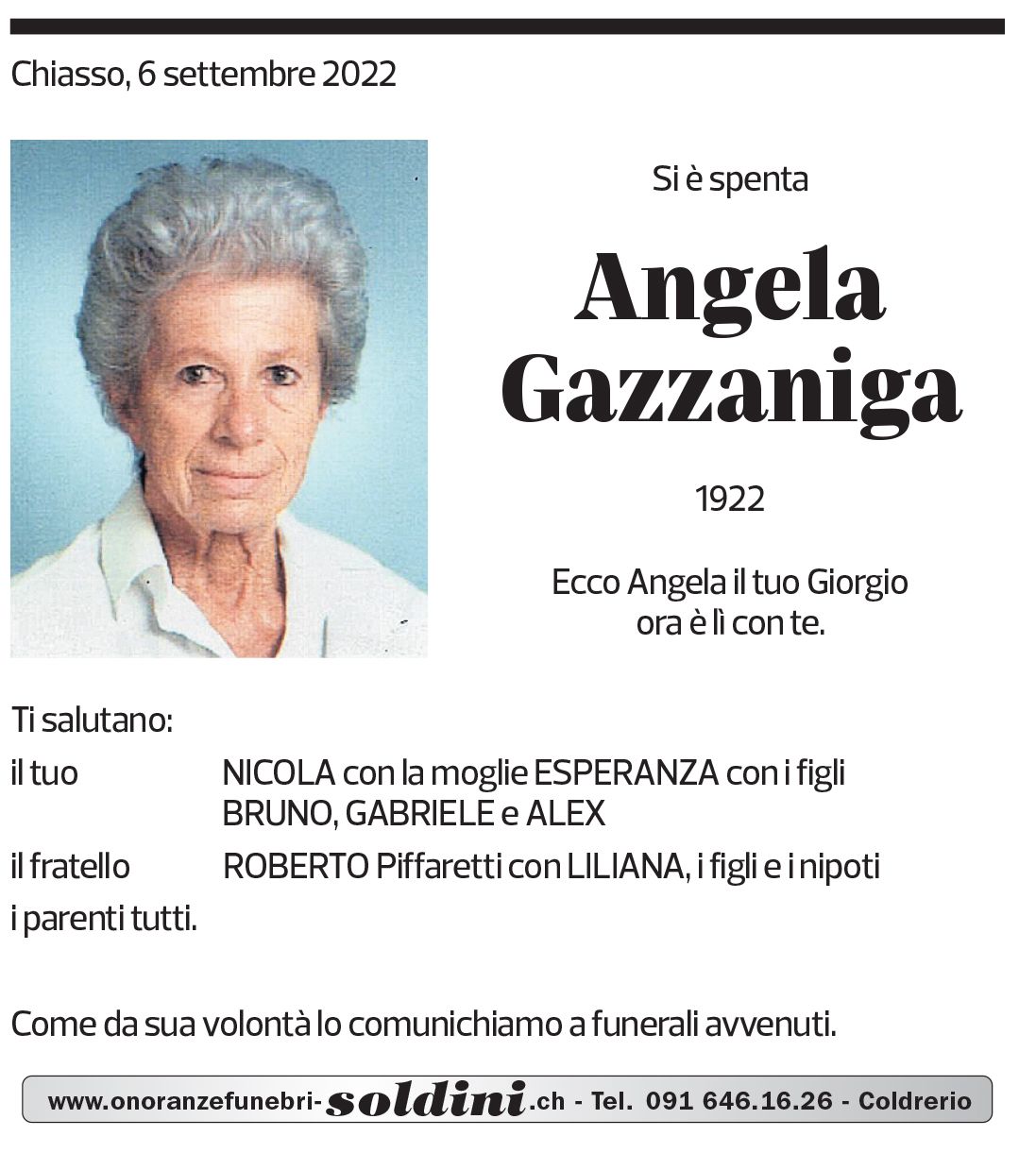 Annuncio funebre Angela Gazzaniga