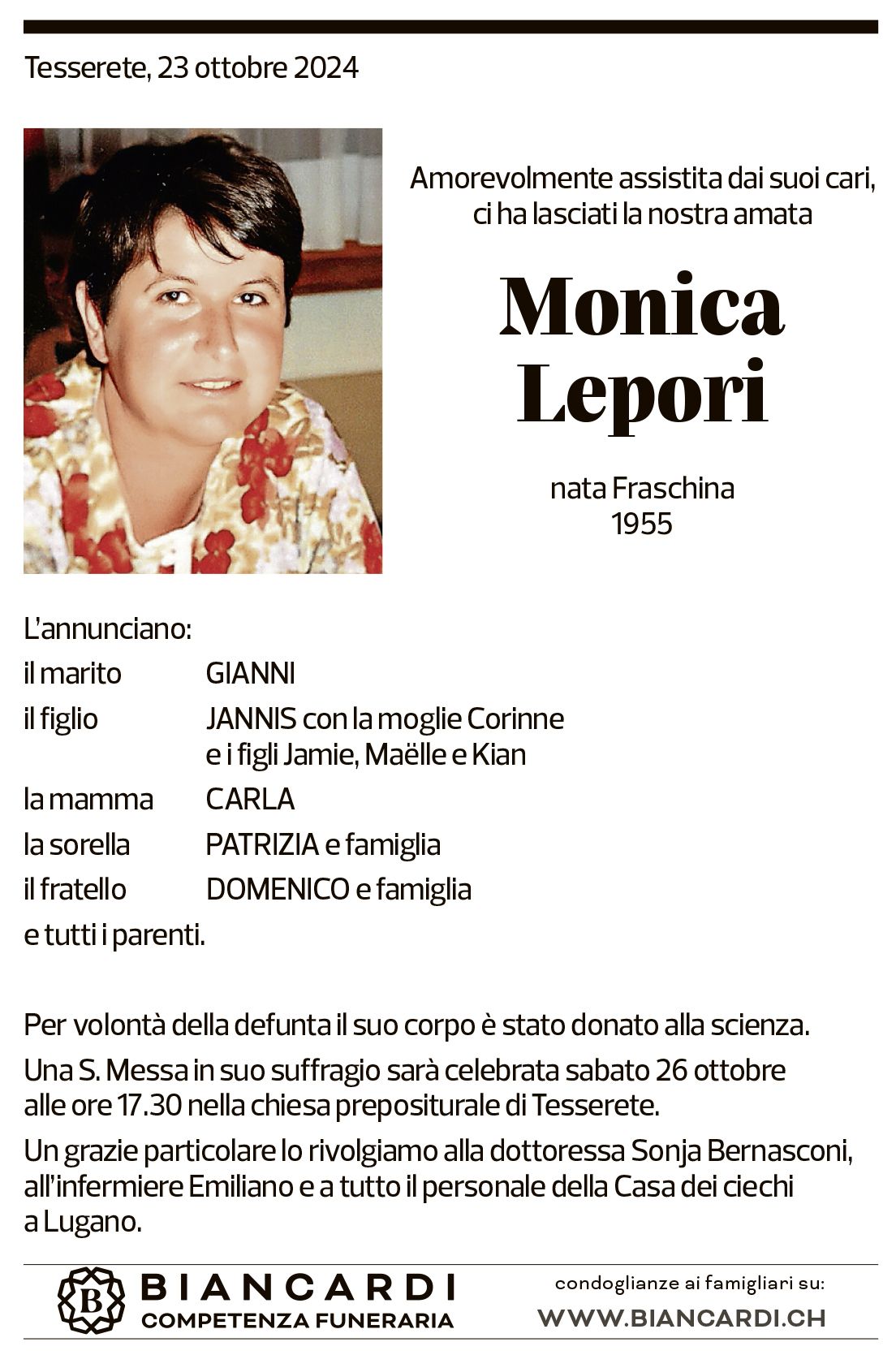 Annuncio funebre Monica Lepori