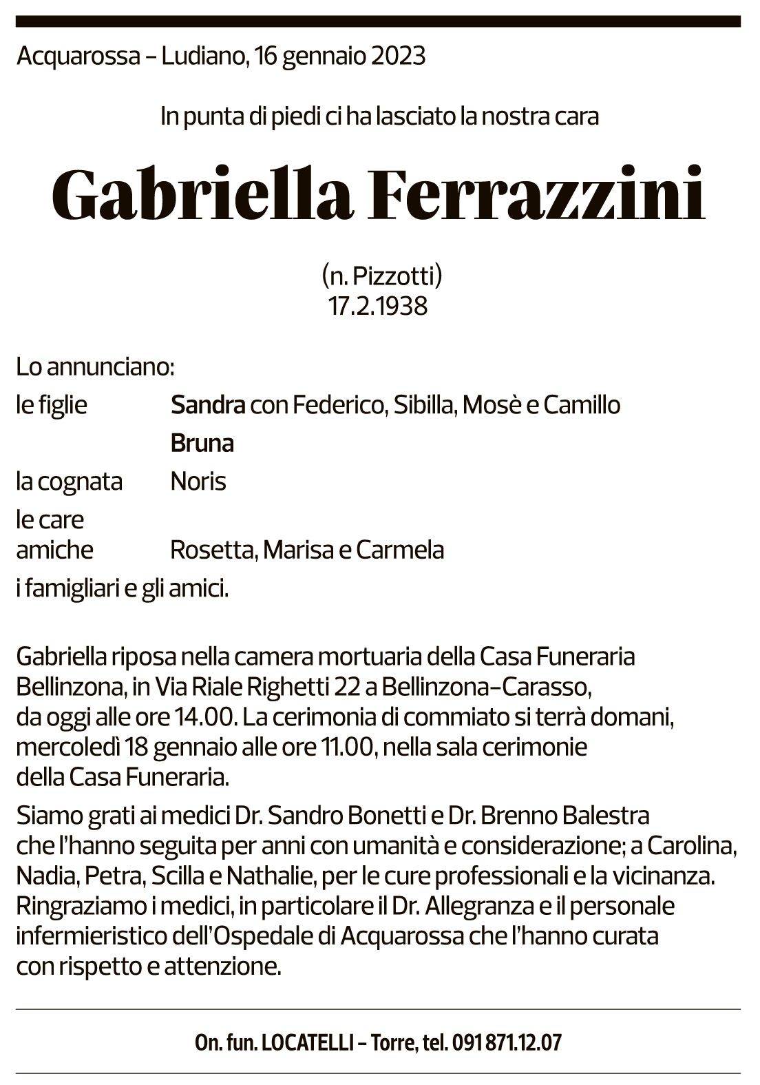 Annuncio funebre Gabriella Ferrazzini