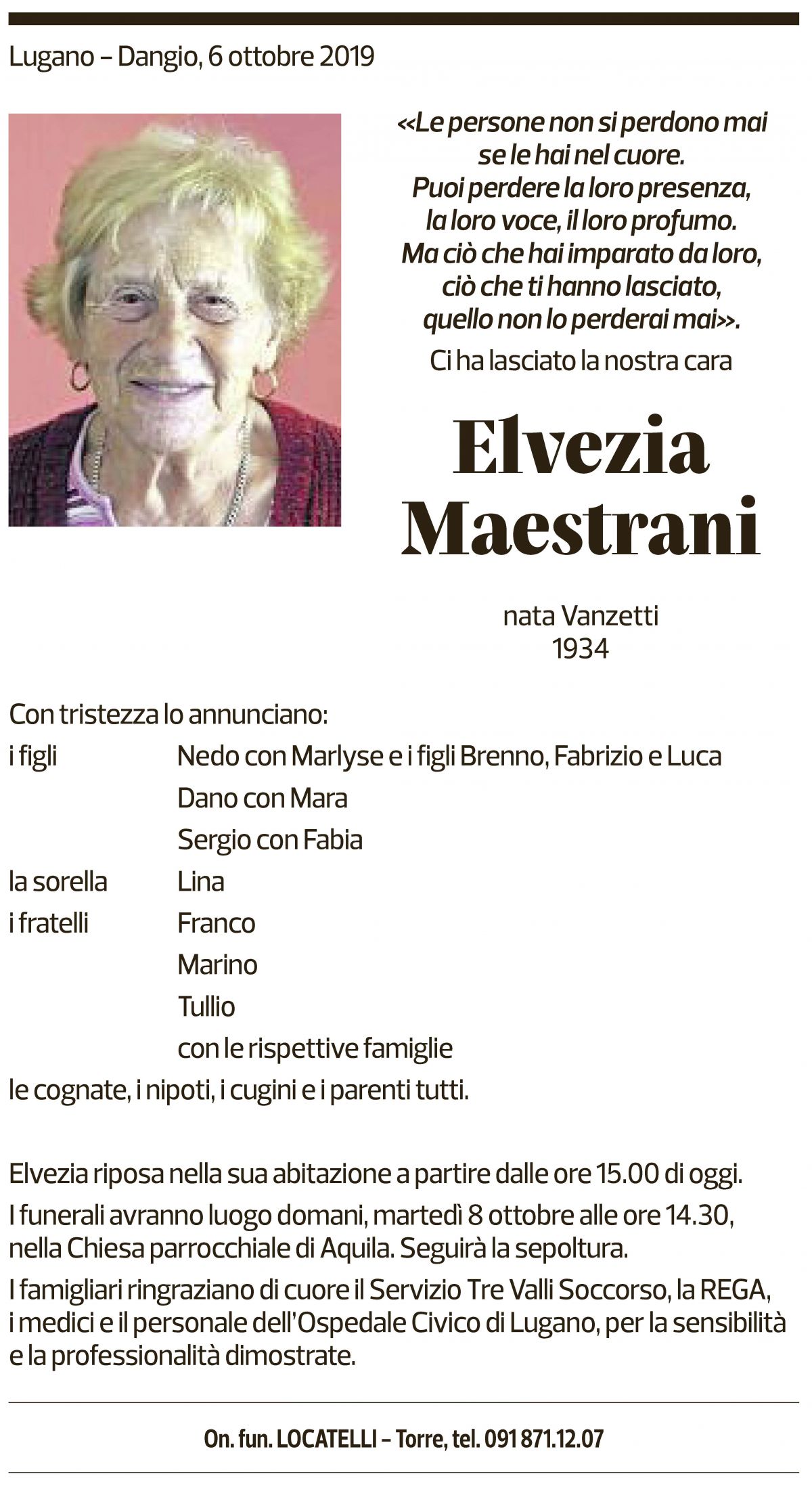 Annuncio funebre Elvezia Maestrani