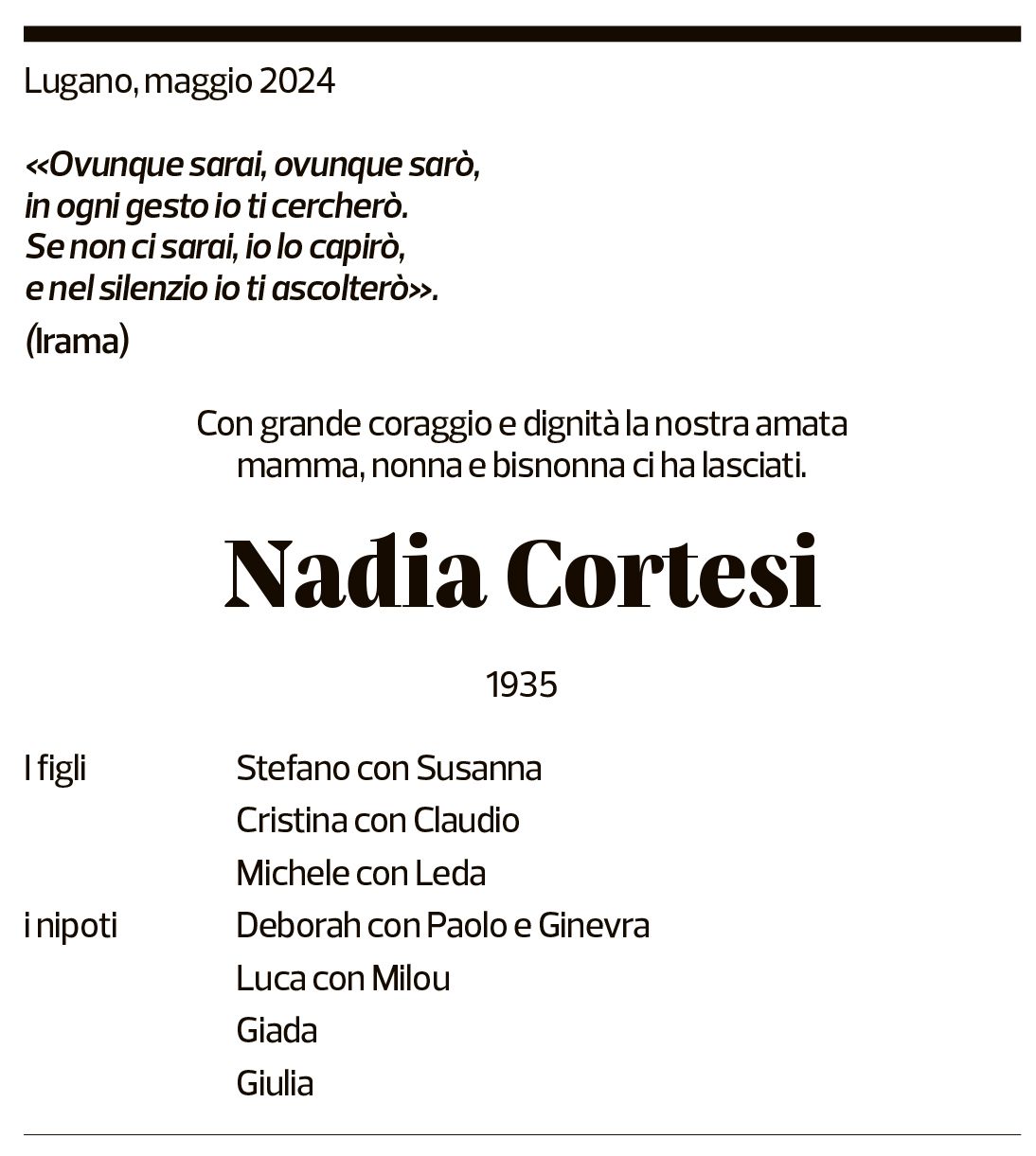 Annuncio funebre Nadia Cortesi