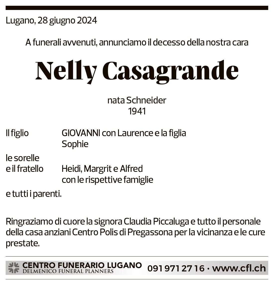 Annuncio funebre Nelly Casagrande