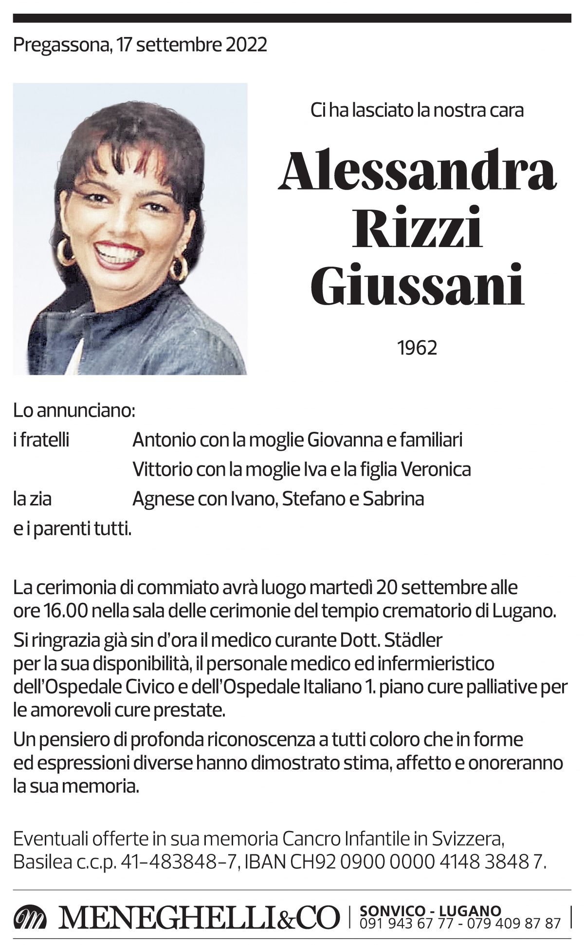 Annuncio funebre Alessandra Rizzi Giussani