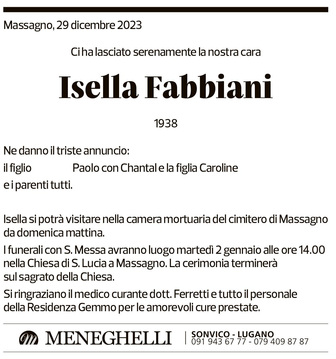 Annuncio funebre Isella Fabbiani