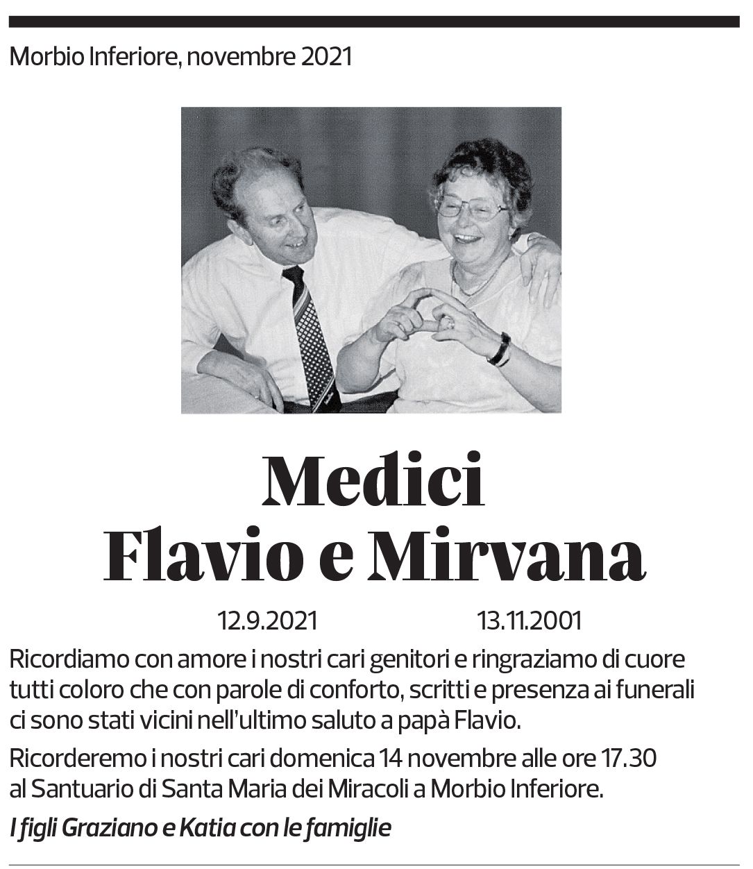 Annuncio funebre Flavio E Mirvana Medici