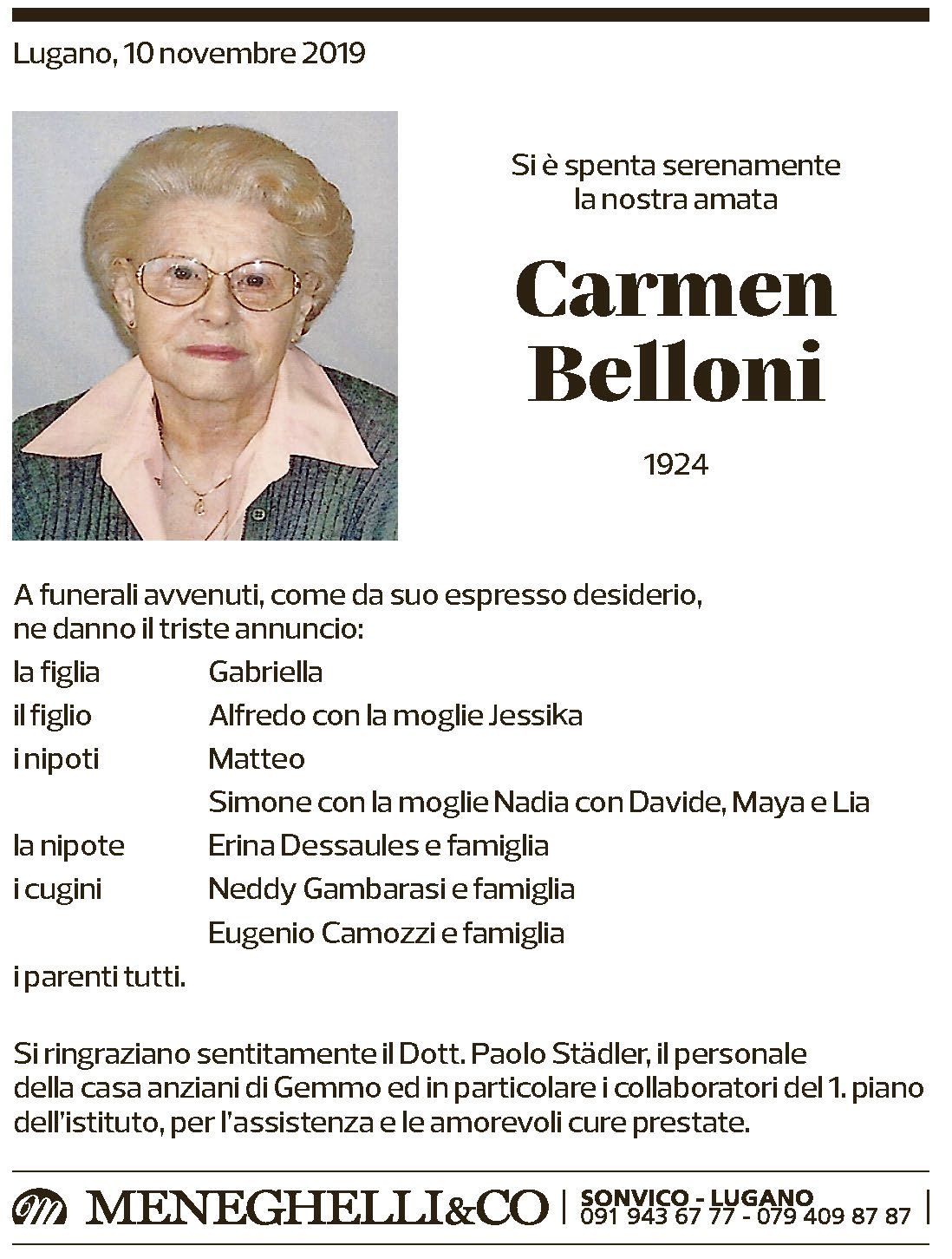 Annuncio funebre Carmen Belloni