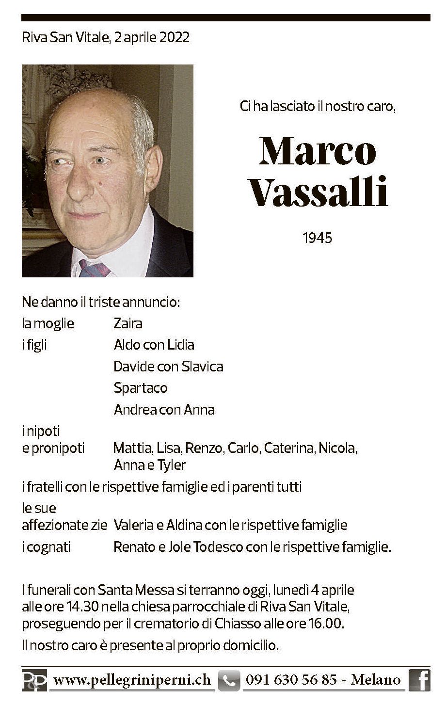 Annuncio funebre Marco Vassalli