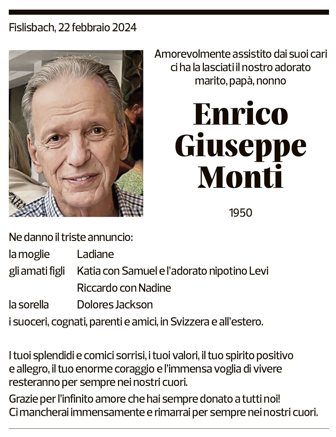 Annuncio funebre Enrico Giuseppe Monti