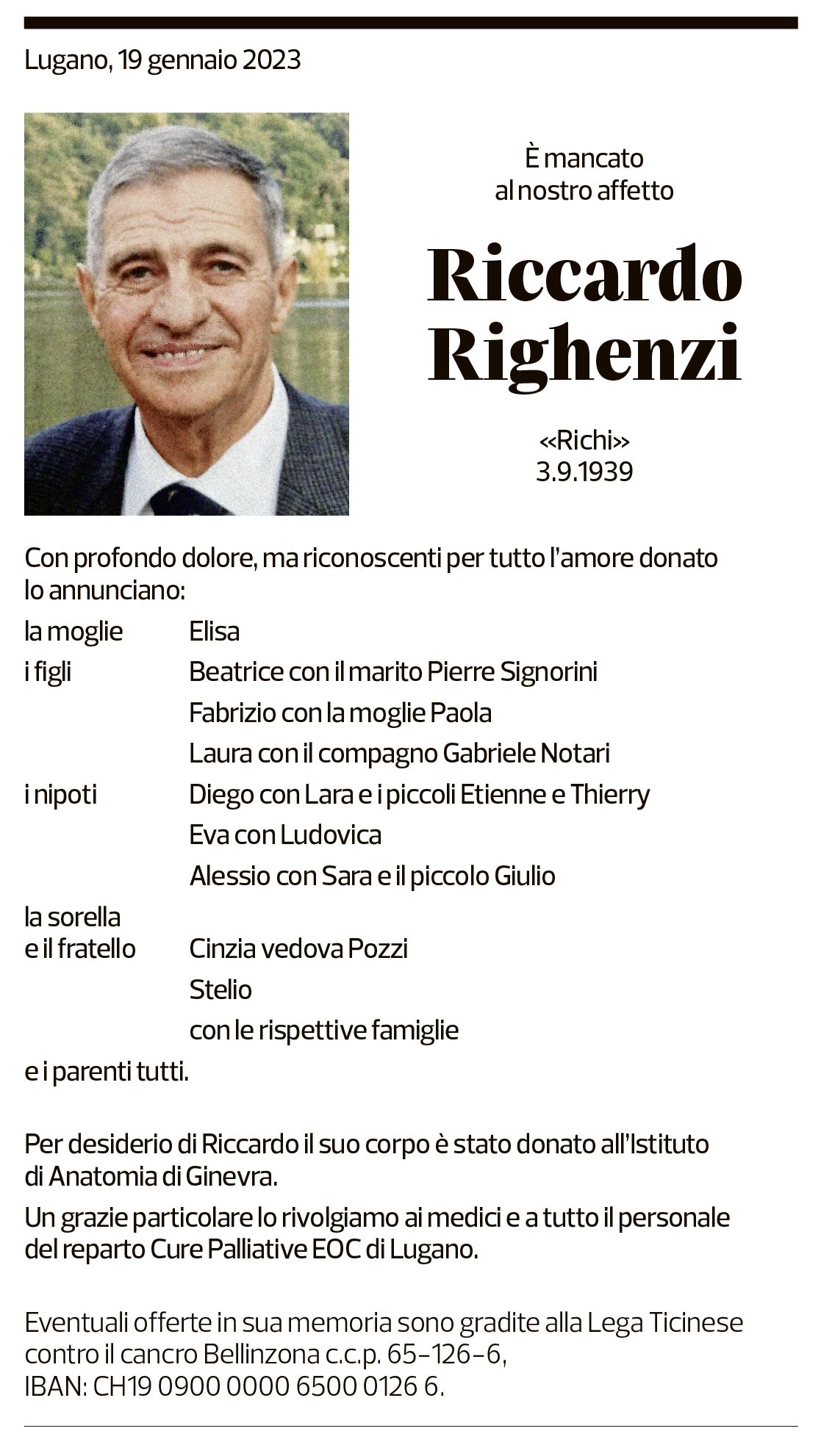 Annuncio funebre Riccardo Righenzi