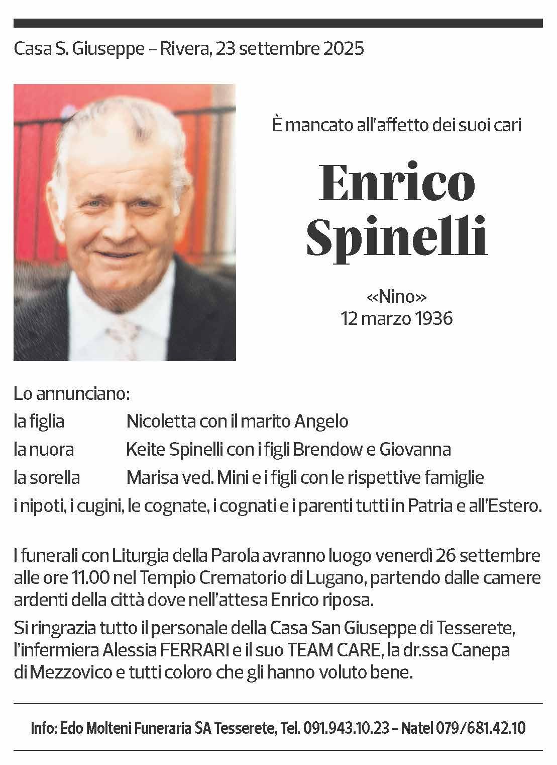 Annuncio funebre Enrico Spinelli