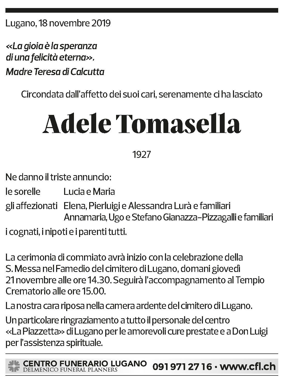 Annuncio funebre Adele Tomasella