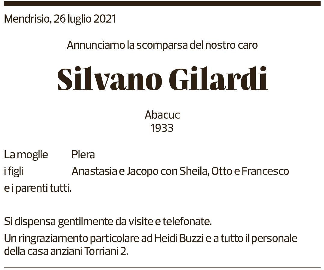 Annuncio funebre Silvano Gilardi