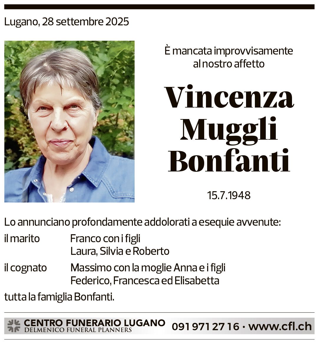 Annuncio funebre Vincenza Muggli Bonfanti