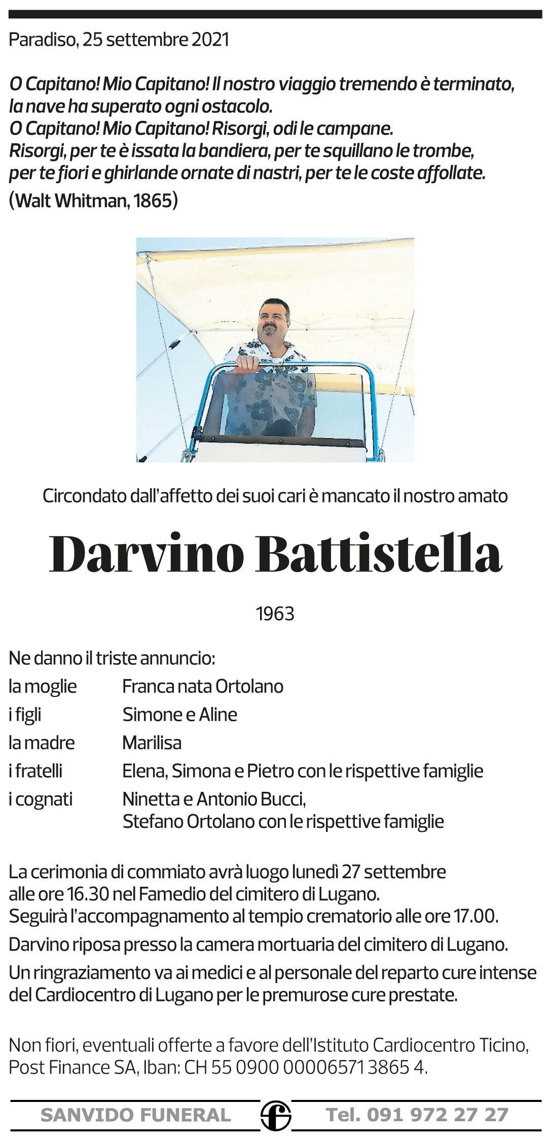 Annuncio funebre Darvino Battistella