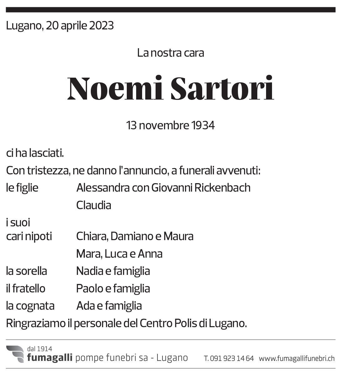 Annuncio funebre Noemi Sartori