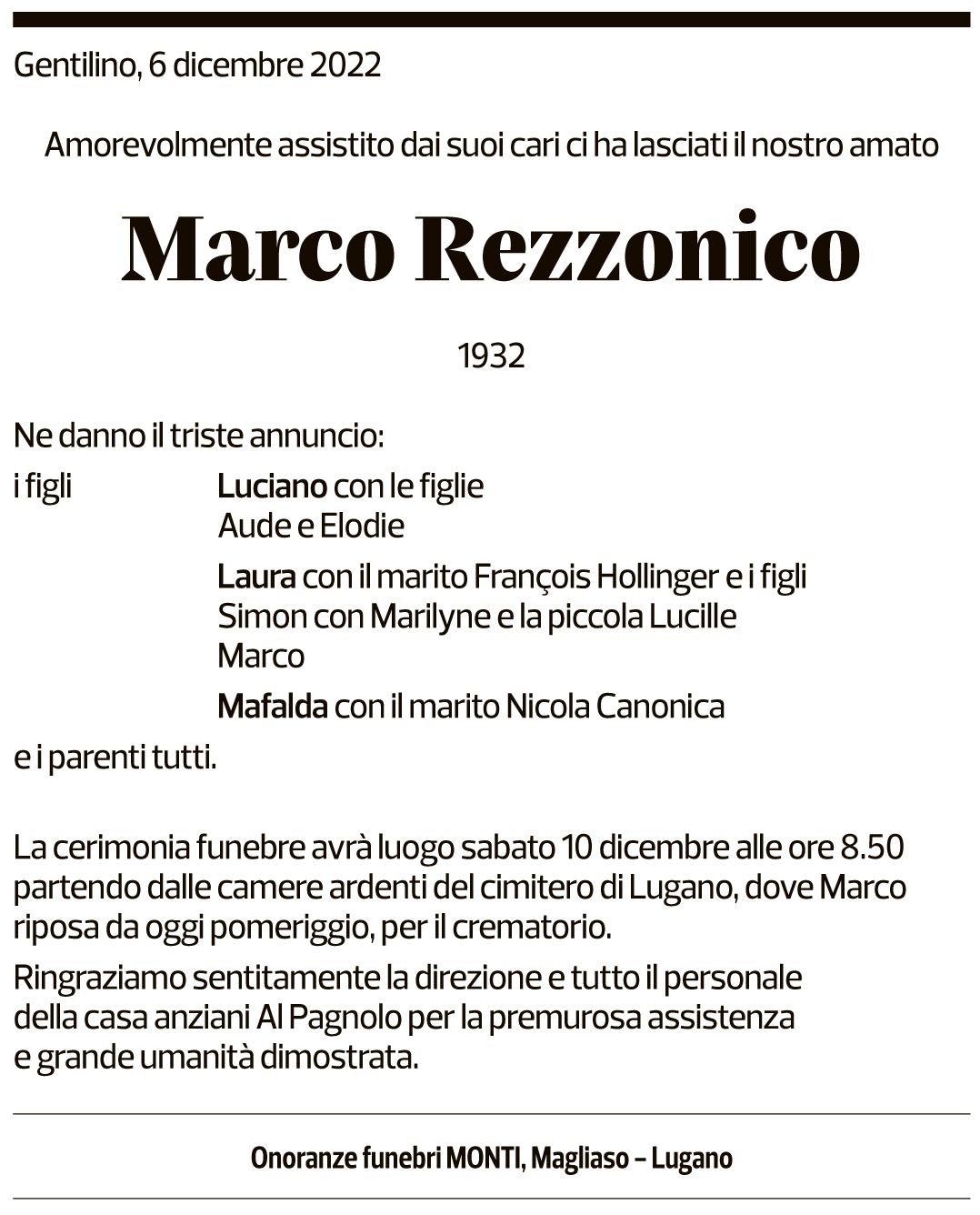 Annuncio funebre Marco Rezzonico
