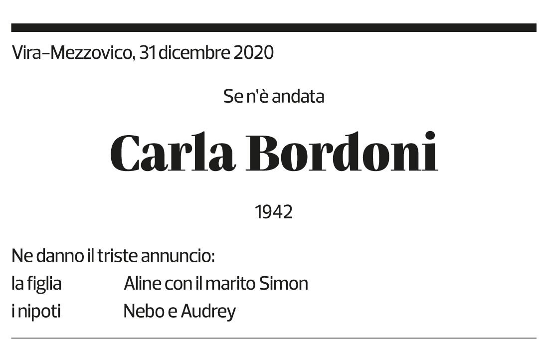 Annuncio funebre Carla Bordoni