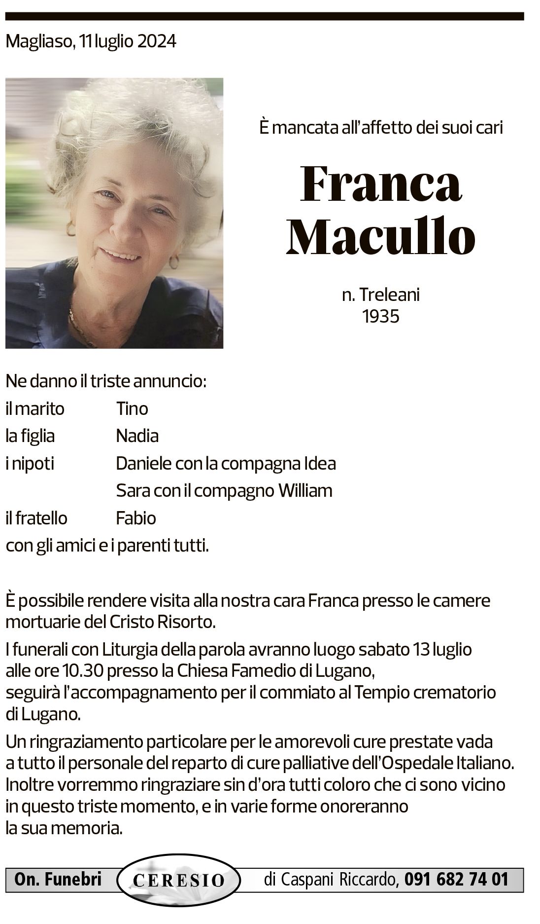 Annuncio funebre Franca Macullo