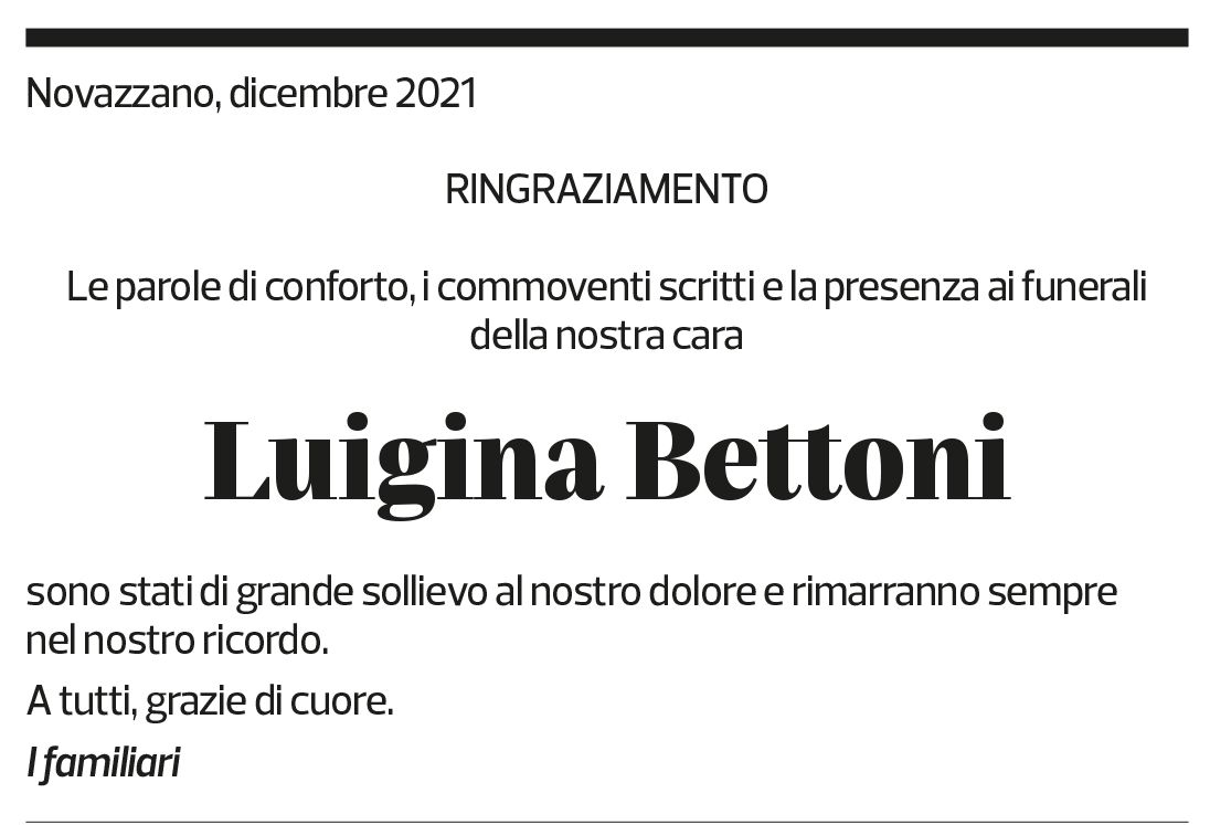 Annuncio funebre Luigina Bettoni