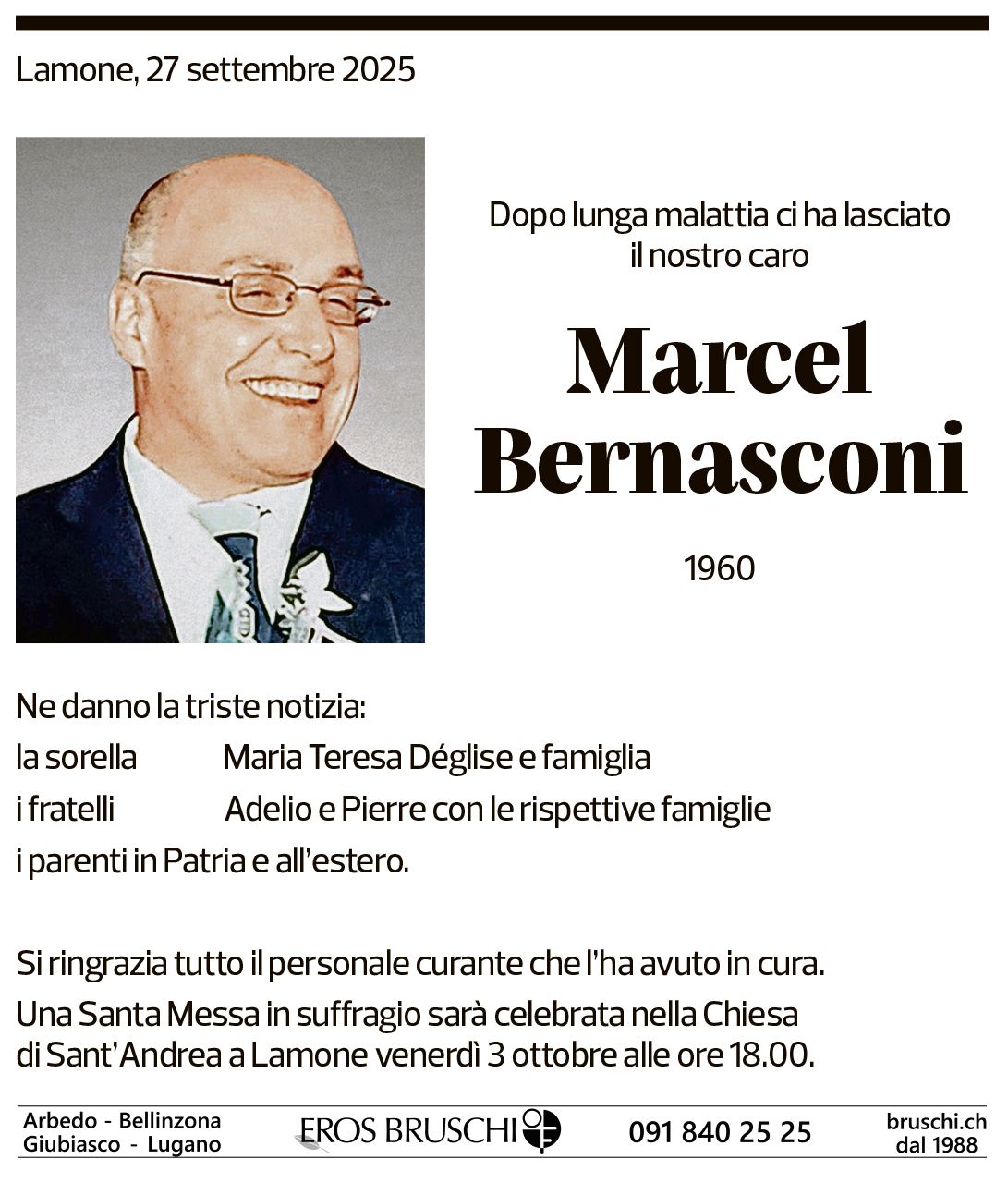 Annuncio funebre Marcel Bernasconi