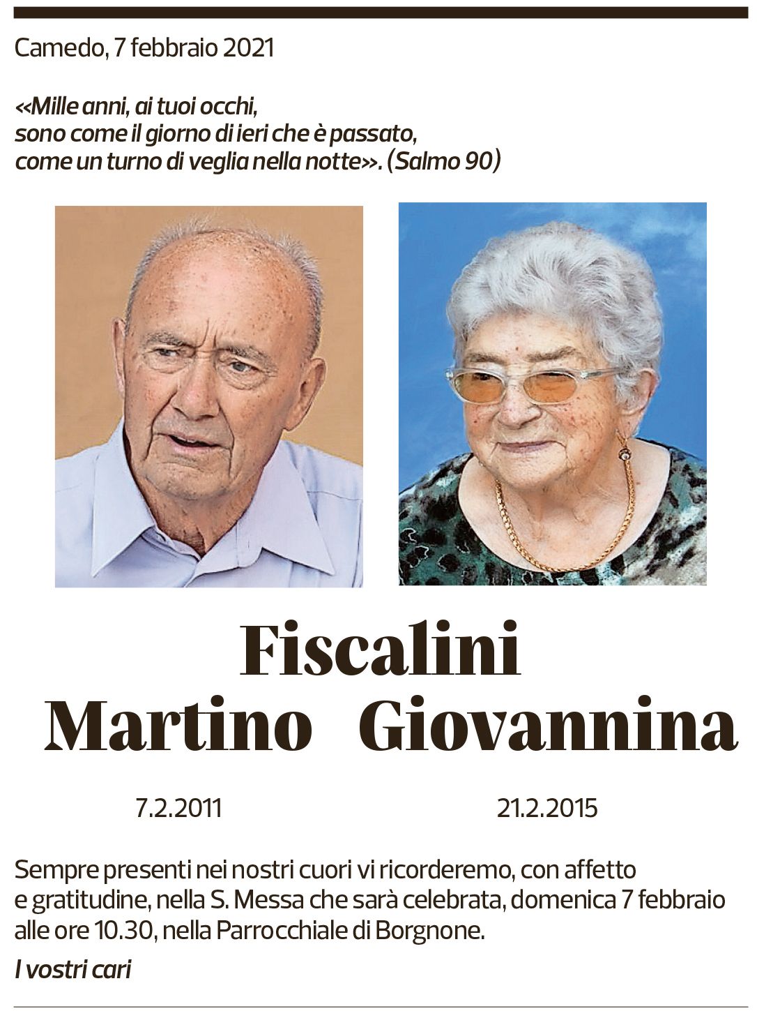 Annuncio funebre Martino / Giovannina Fiscalini