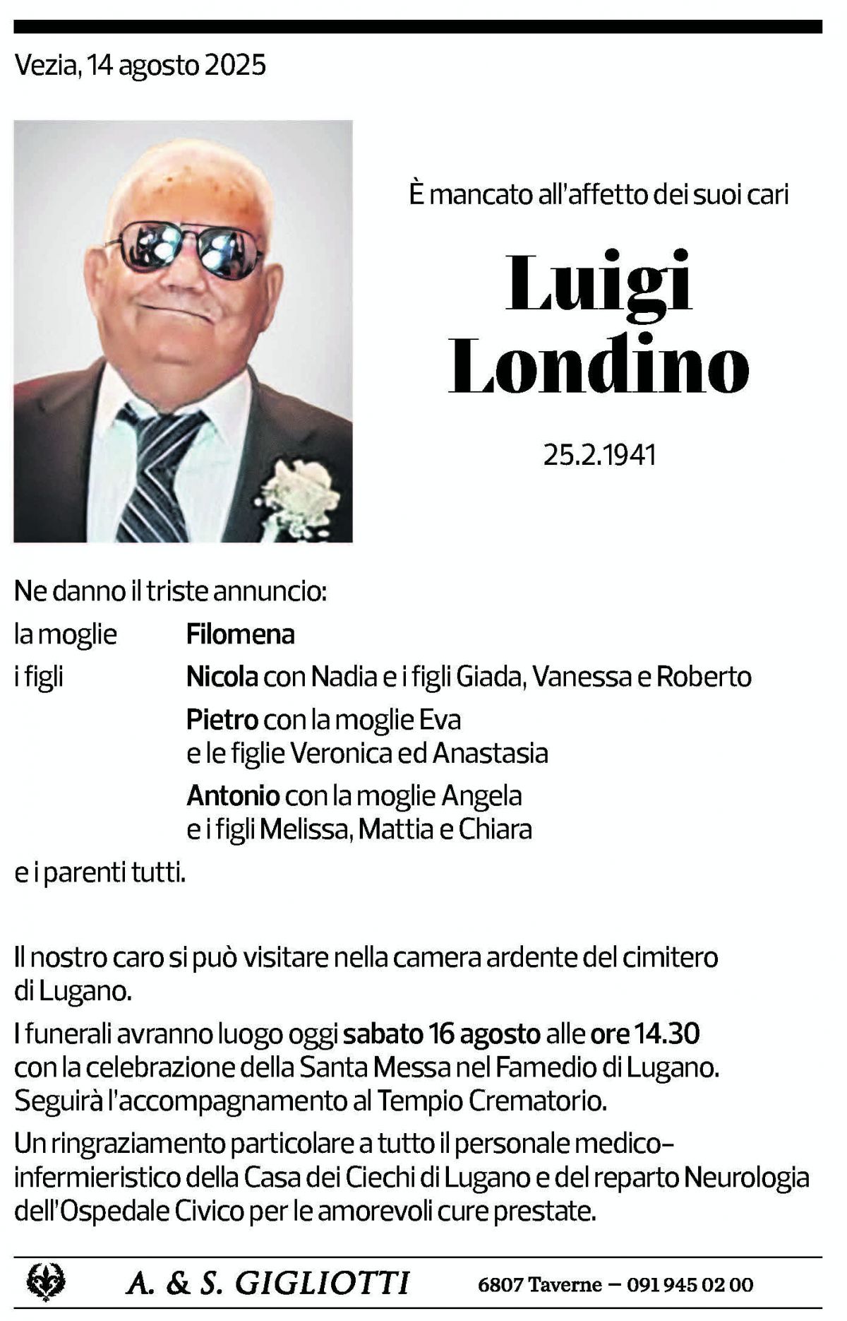 Annuncio funebre Luigi Londino