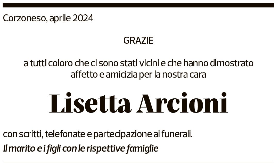 Annuncio funebre Lisetta Arcioni