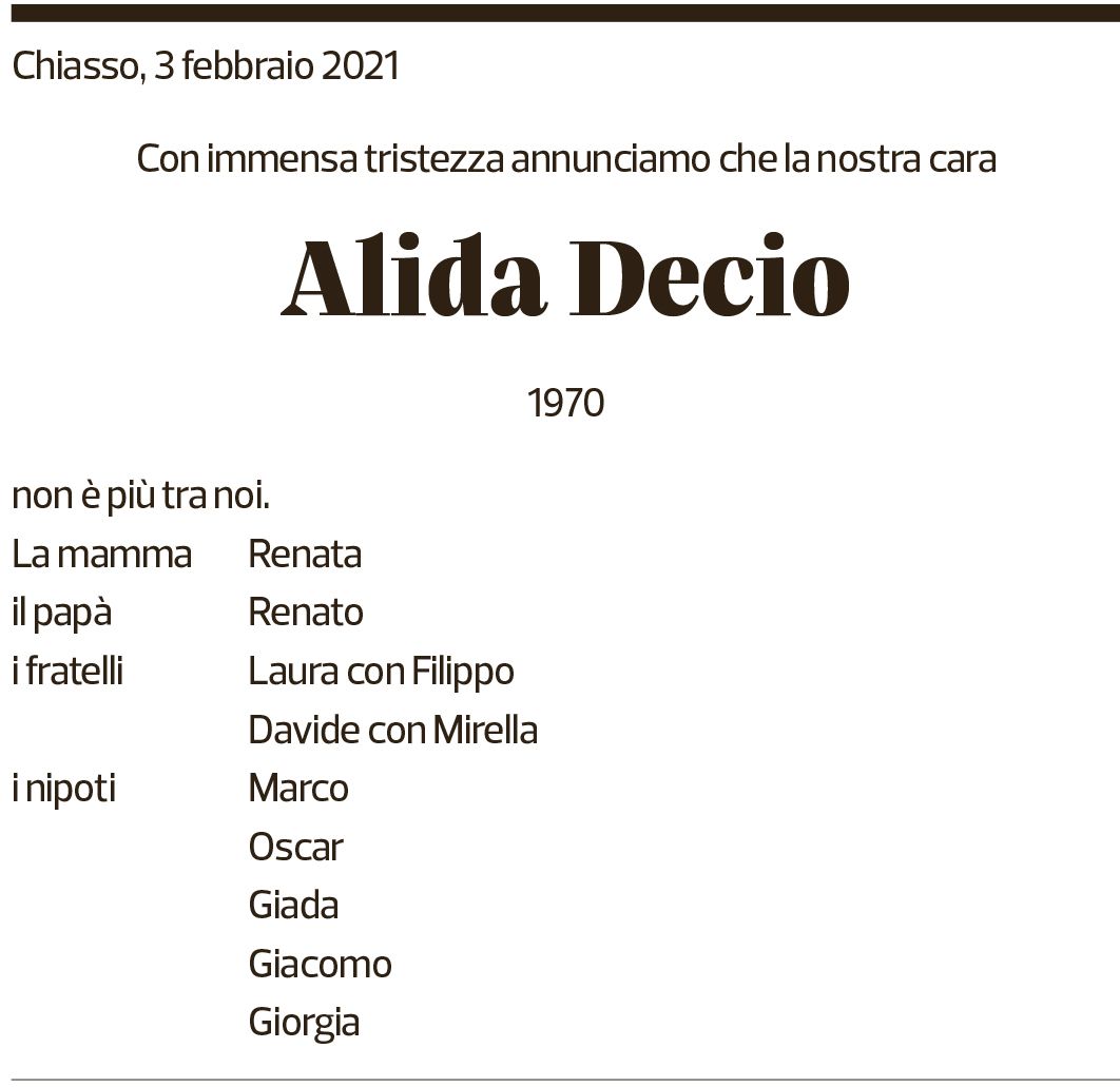 Annuncio funebre Alida Decio