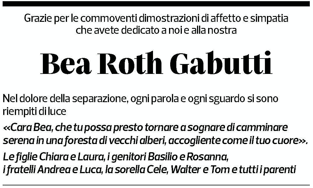 Annuncio funebre Bea Roth Gabutti