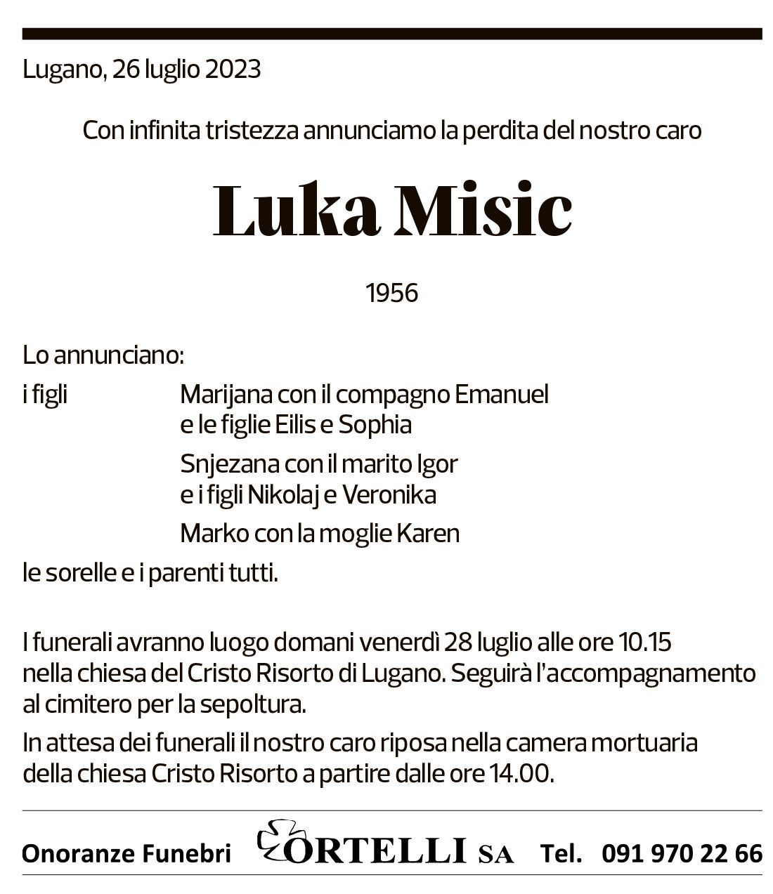 Annuncio funebre Luka Misic