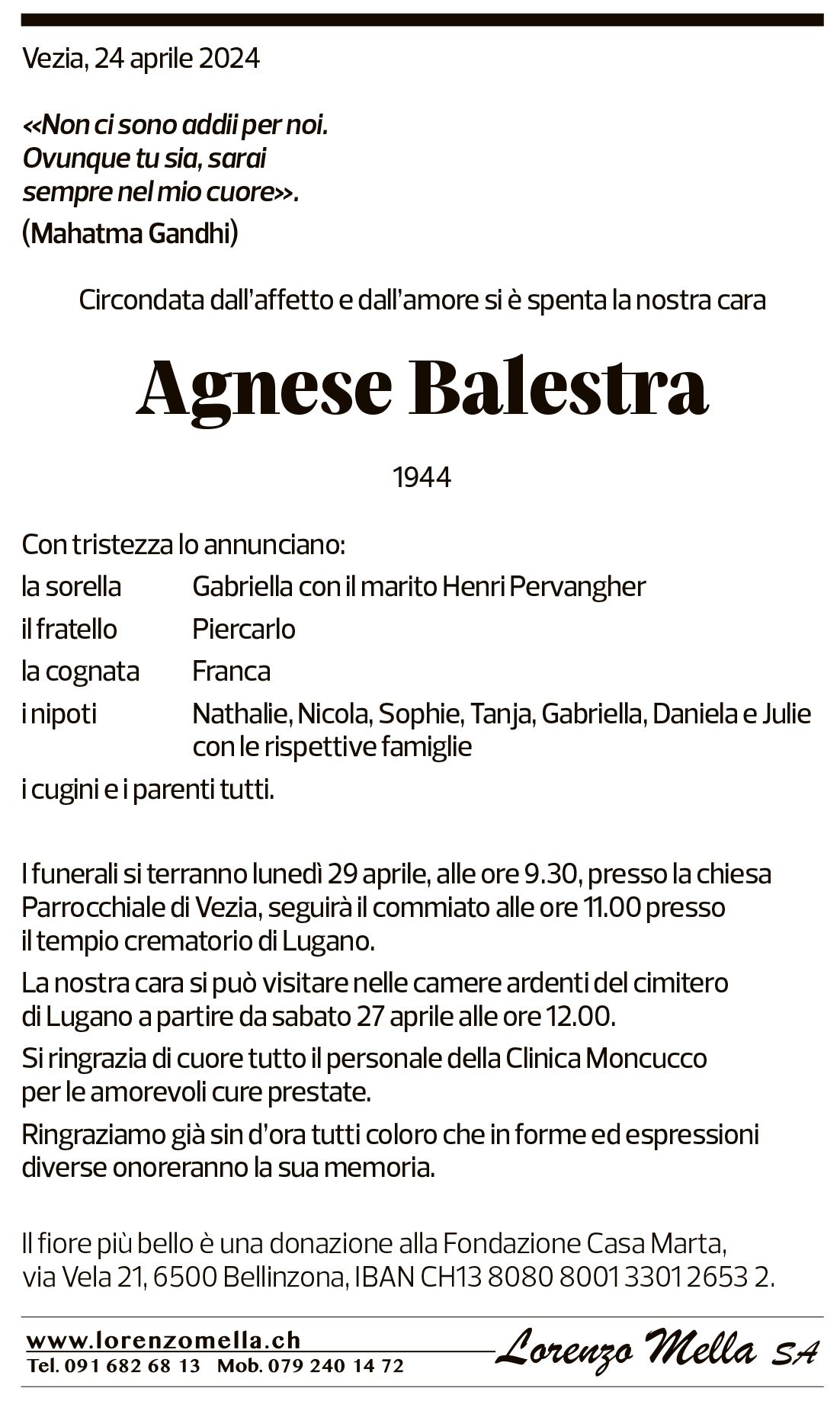 Annuncio funebre Agnese Balestra 