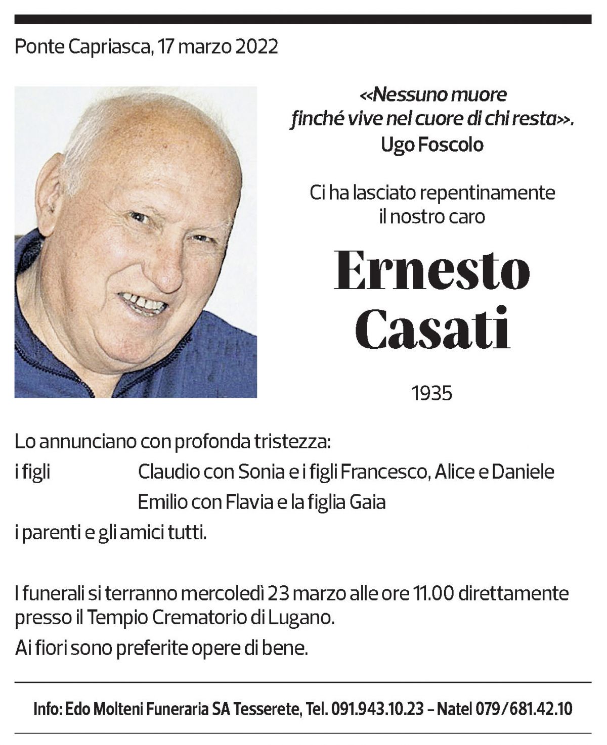 Annuncio funebre Ernesto Casati