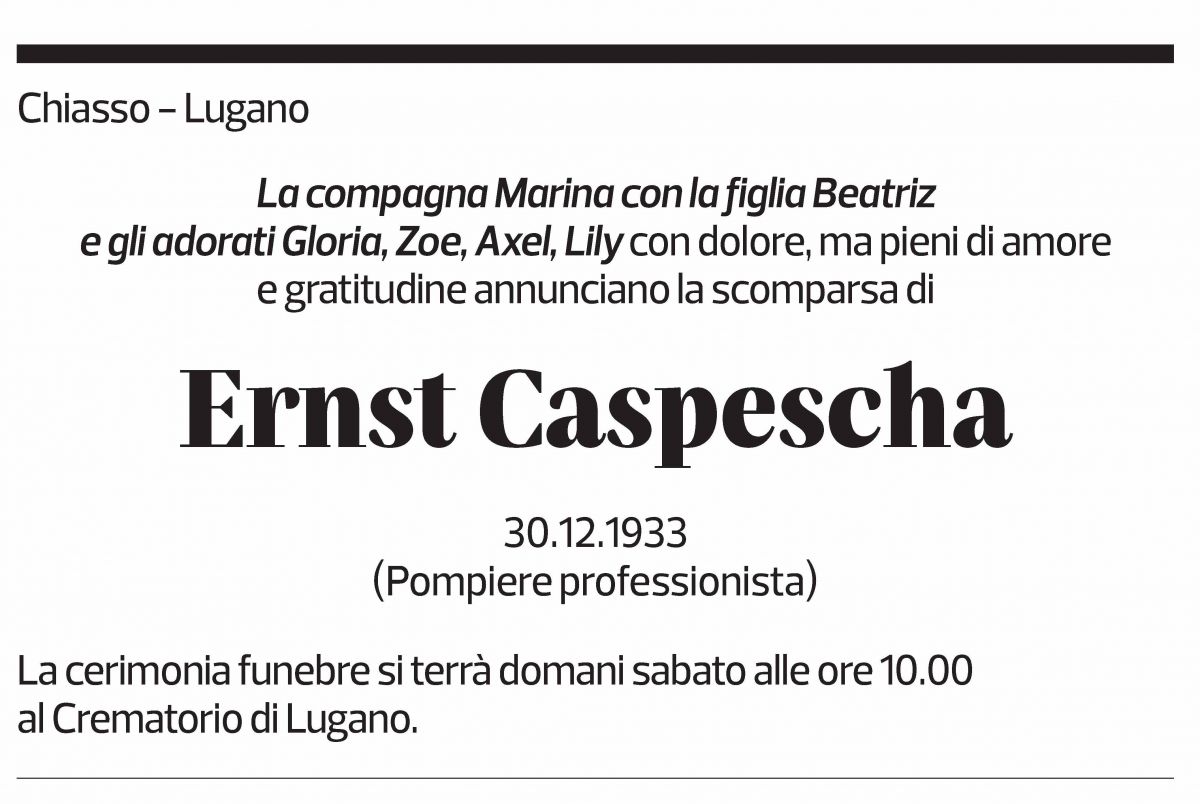 Annuncio funebre Ernst Caspescha