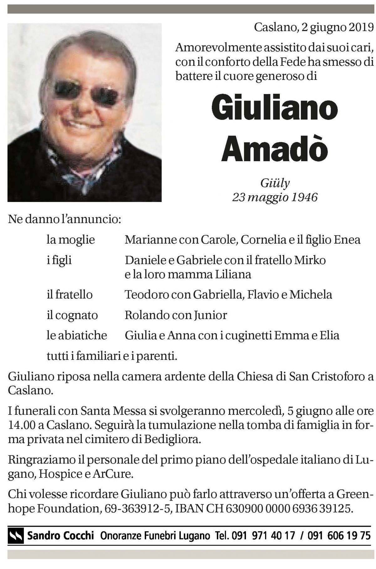 Annuncio funebre Giuliano Amadò