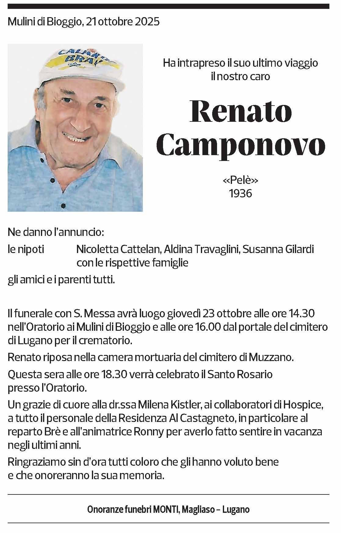 Annuncio funebre Renato Camponovo
