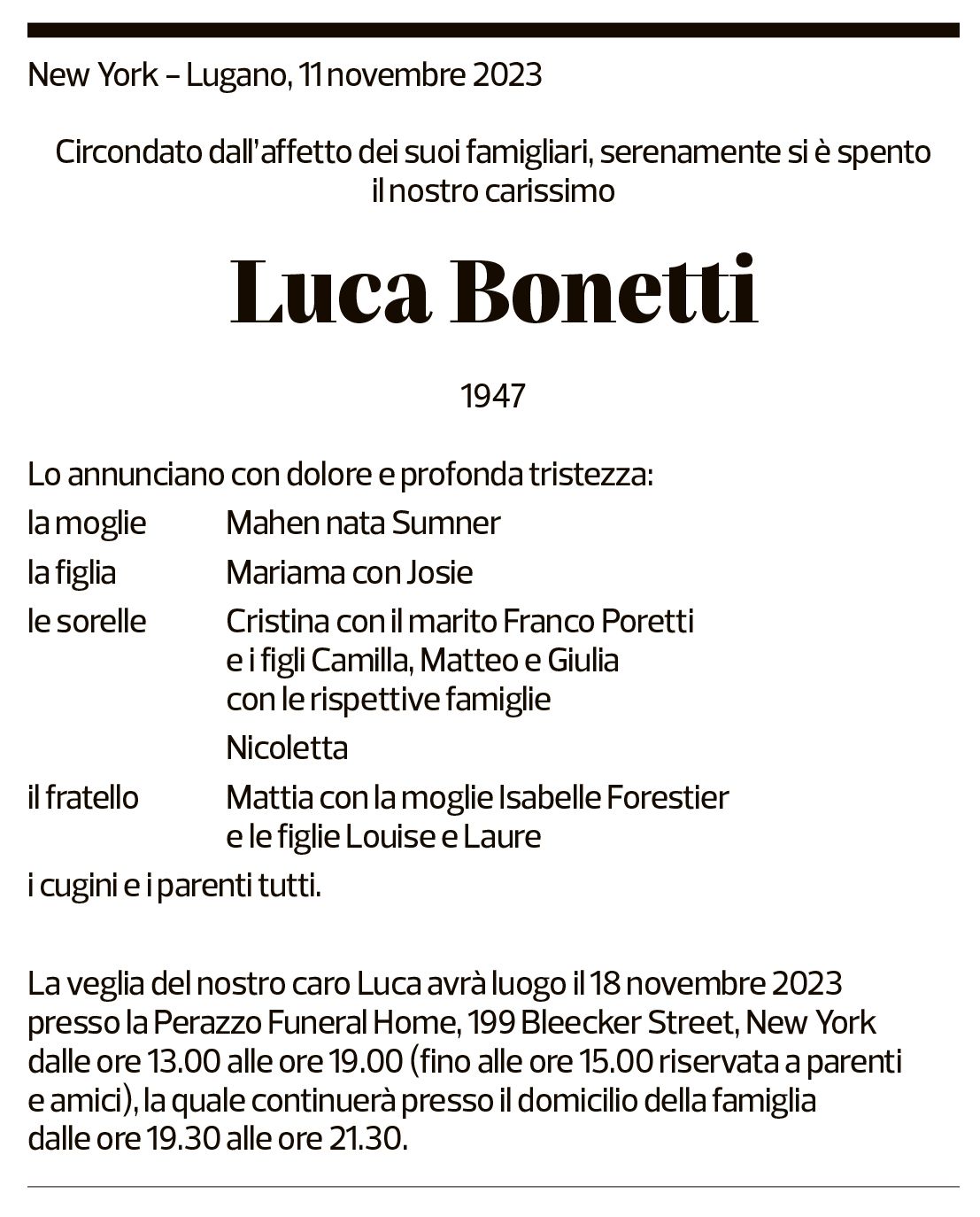 Annuncio funebre Luca Bonetti