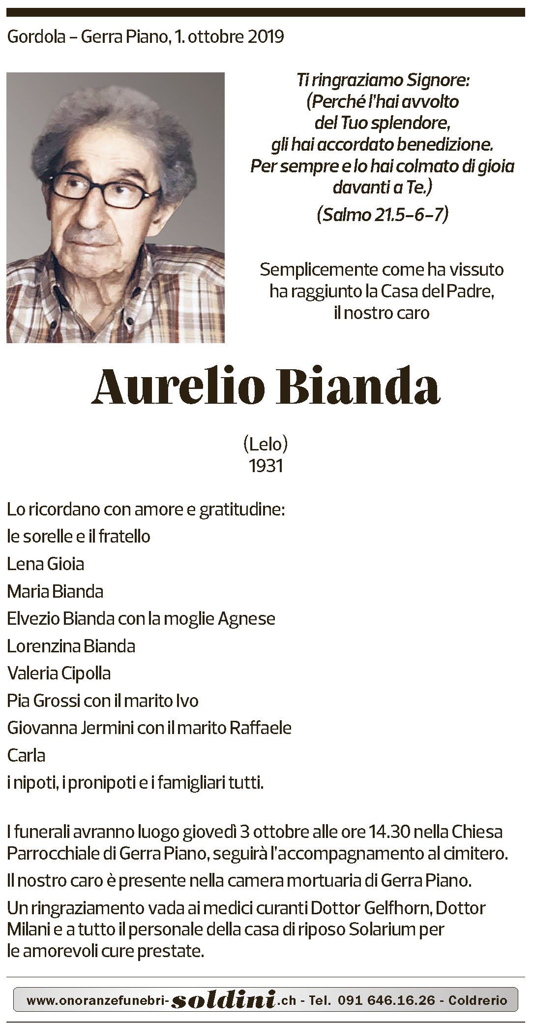 Annuncio funebre Aurelio Bianda