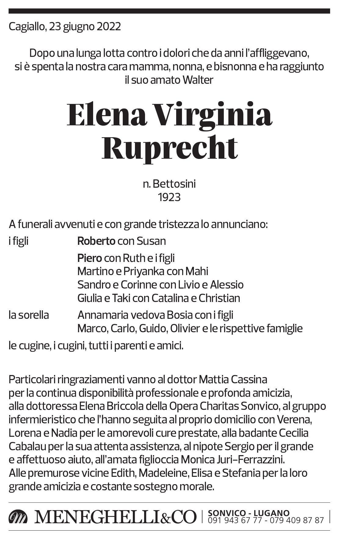 Annuncio funebre Elena Virginia Ruprecht