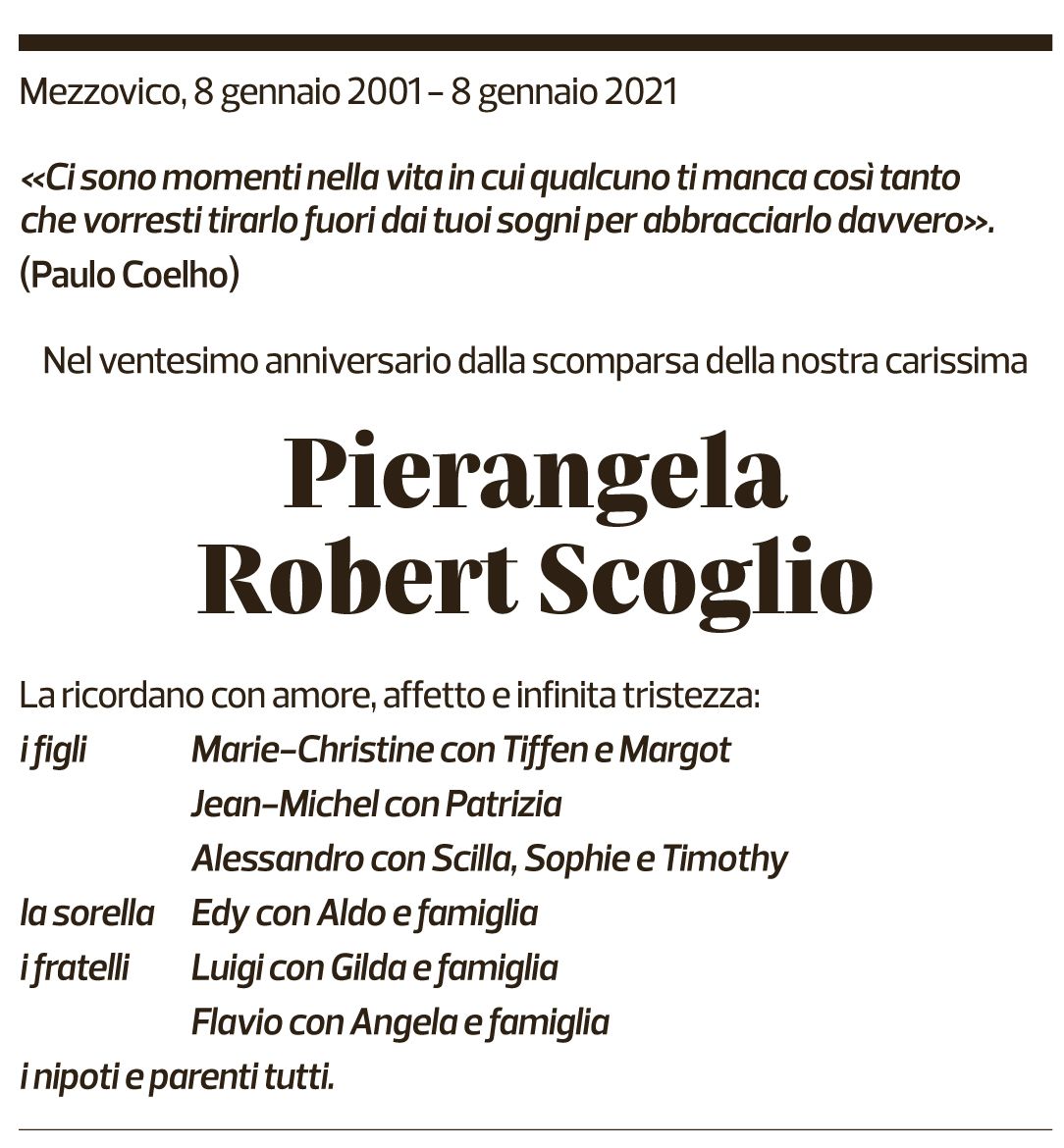 Annuncio funebre Pierangela Robert Scoglio