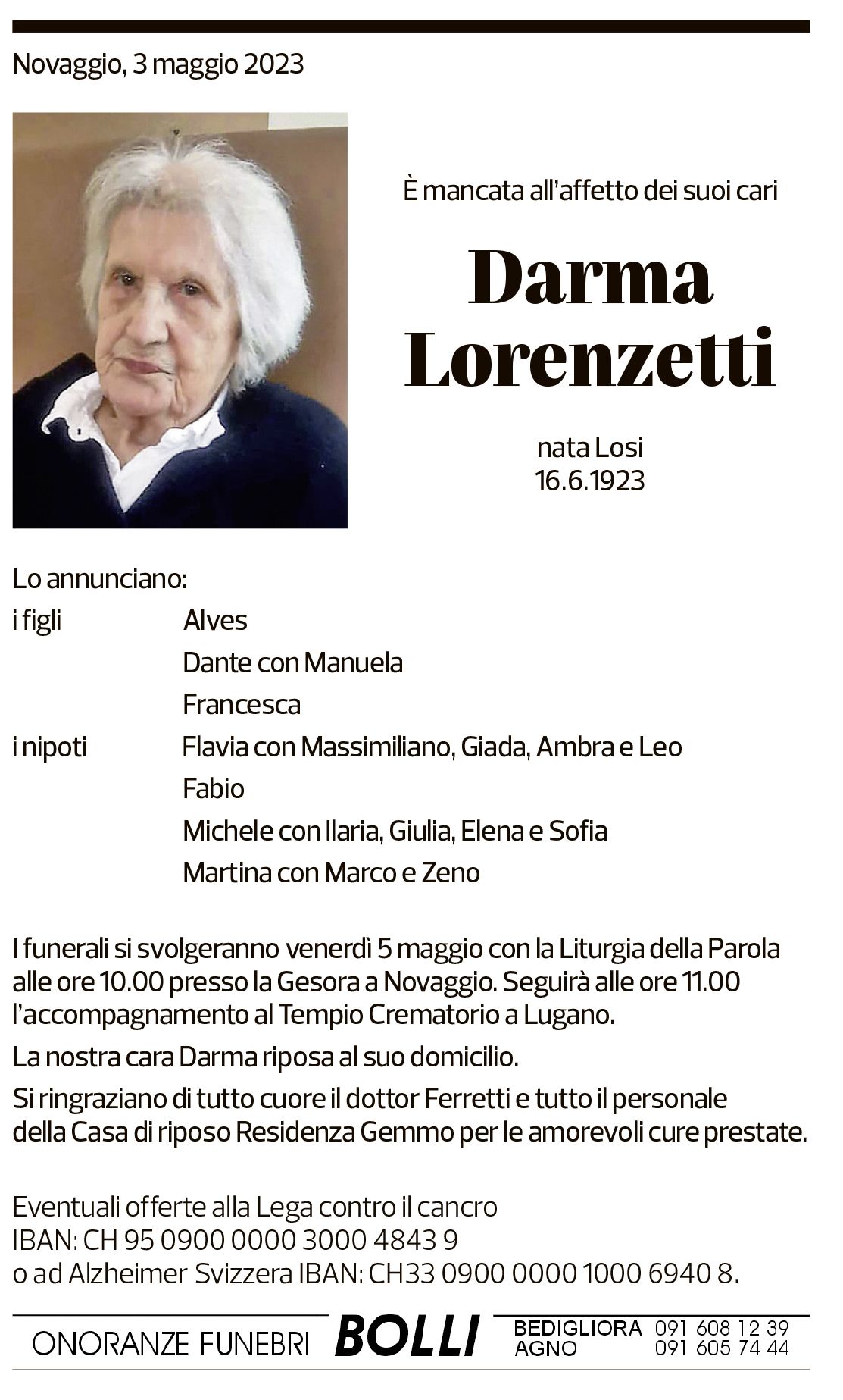 Annuncio funebre Darma Lorenzetti