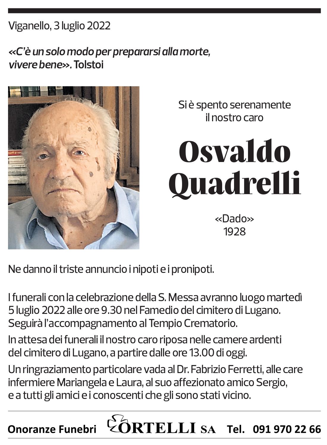 Annuncio funebre Osvaldo Quadrelli