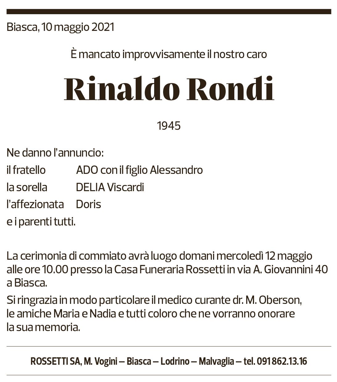 Annuncio funebre Rinaldo Rondi