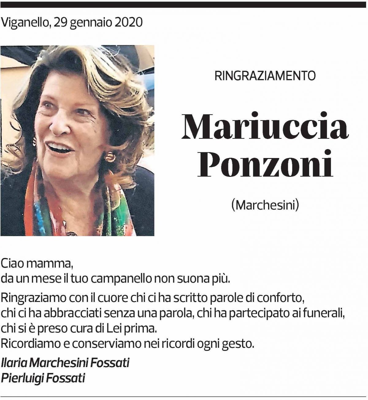Annuncio funebre Mariuccia Ponzoni