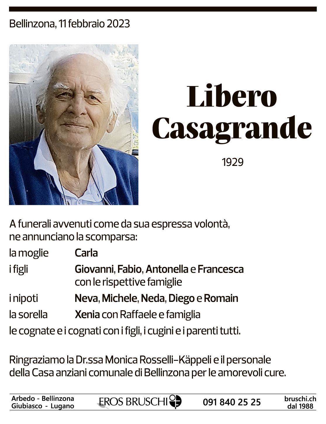 Annuncio funebre Libero Casagrande